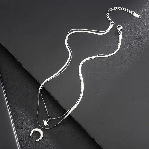 Titanium Steel Star & Crescent Moon Necklace – White K Plated ✨🌙 - Picture 1 of 5